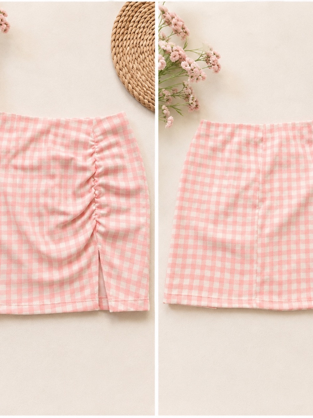 Altar’d State Pink Gingham Ruched Mini Skirt Side Slit Size M - Picture 2 of 3